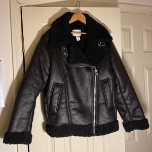 H&M Black Faux Leather Bomber Jacket Size XS Faux Fur Lining